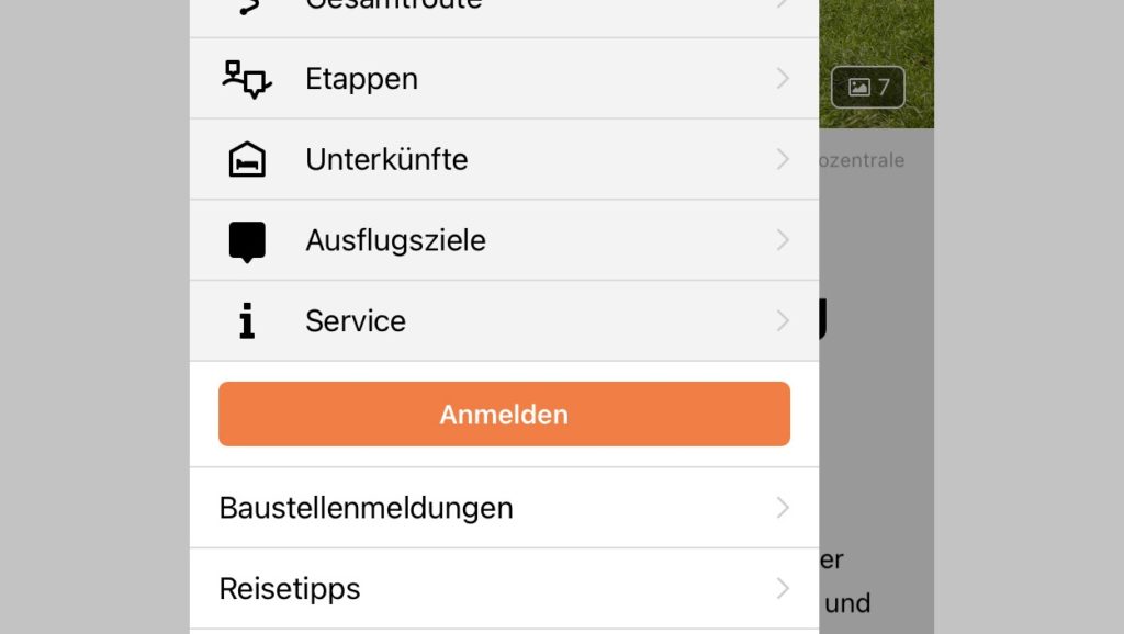 Menü der Weser-Radweg App