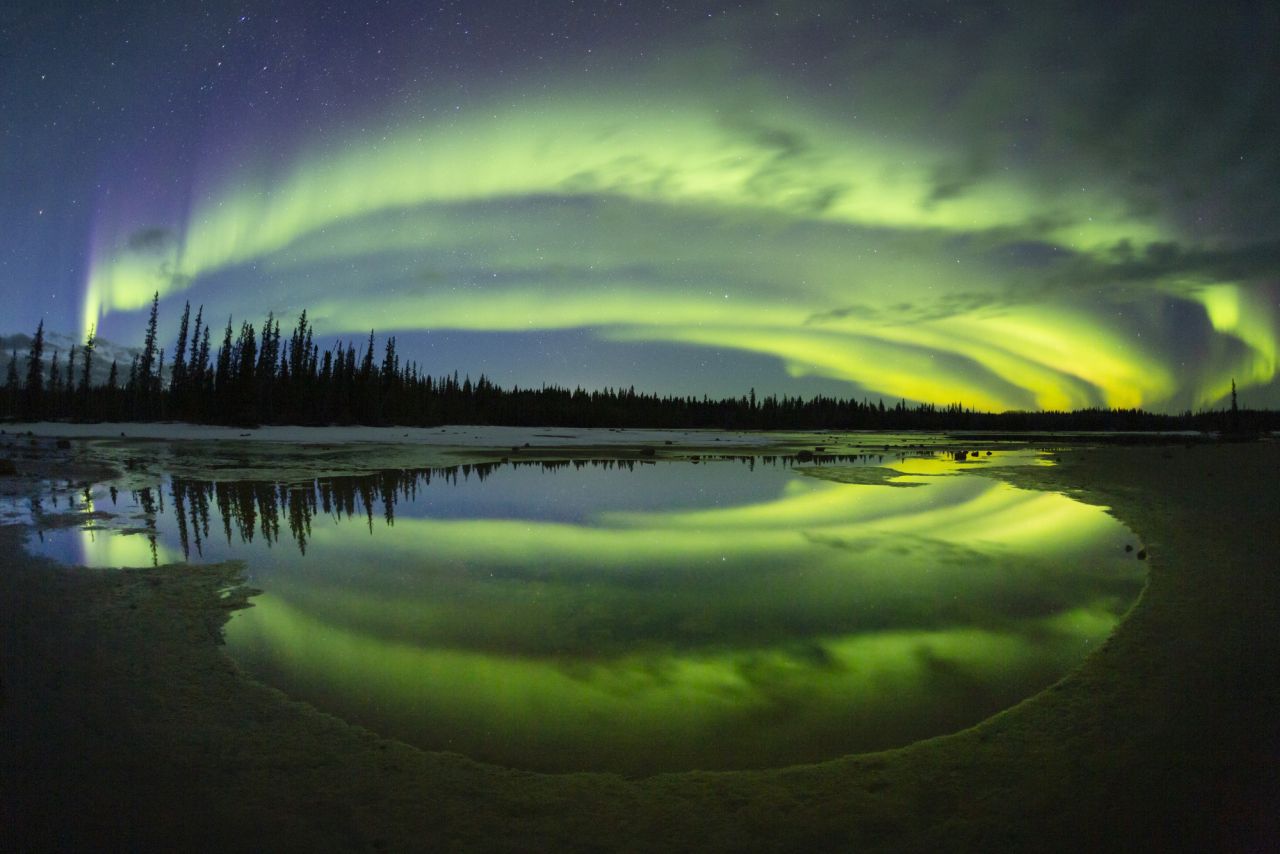 Polarlichter über einem See im Wood Buffalo Nationalpark